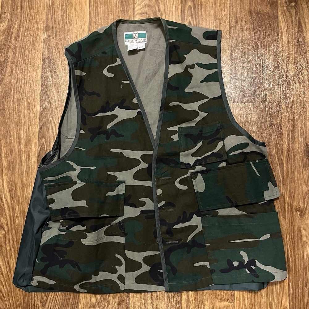 Vintage Game Winner Camo Hunting Vest Men‎ Medium Green Pockets Game Pouch
